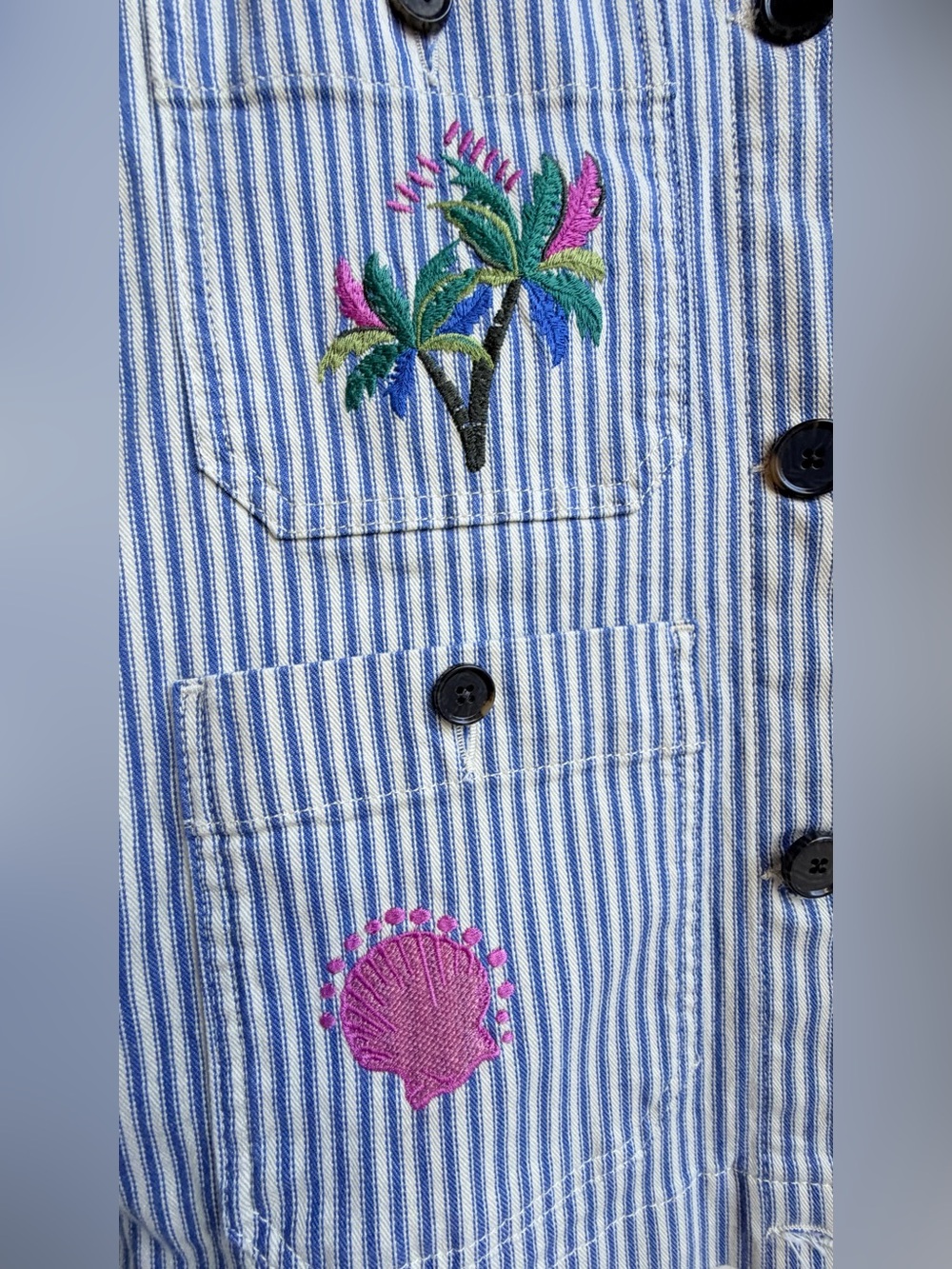 Boden Embroidered Utility Jacket Blue White Striped Tropical Women’s Size 10 - Picture 7 of 13